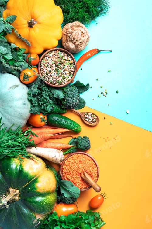 Preview: Vegan and vegetarian diet, harvest concept. Autumn vegetables, lentils, beans, raw ingredients for