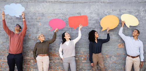 Preview: Speech bubble, communication and news with business people and mockup for social media, vote and re