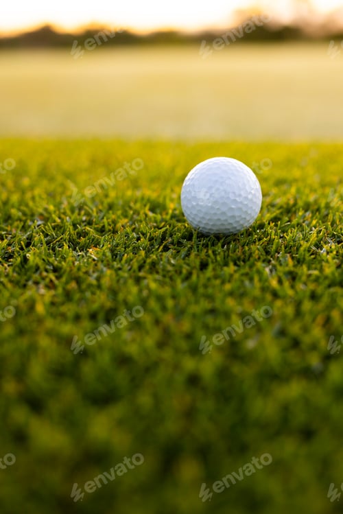Preview: Close-up of white golf ball on lush grassy land at golf course during sunset, copy space