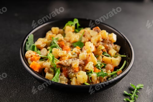Preview: Potato salad with smoked fish tasty snack fresh delicious gourmet food background