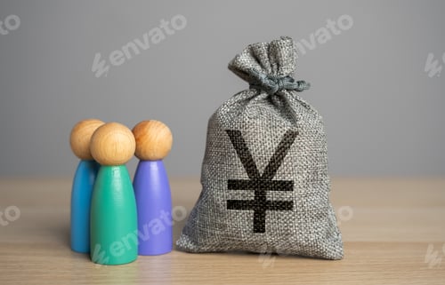 Preview: People figurines and chinese yuan or japanese yen money bag.