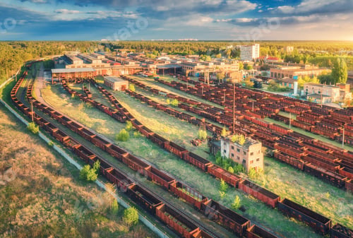 Preview: Aerial view of colorful freight trains. Railway station