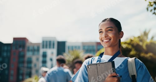 Preview: Outdoor, woman and nurse with tablet, smile and healthcare with connection. Student, medical and pr