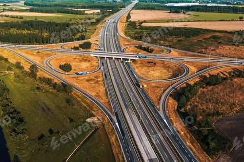 Preview: Clover leaf shaped highway interchange from drone pov