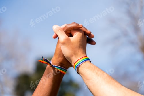 Preview: Hands of a multiethnic gay male couple holding hands, lgbt concept, homosexual power force