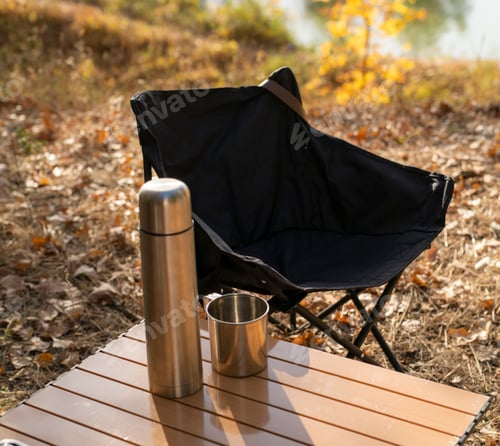 Preview: A black folding chair sits next to a thermos and a cup on a wooden table outdoors in fall