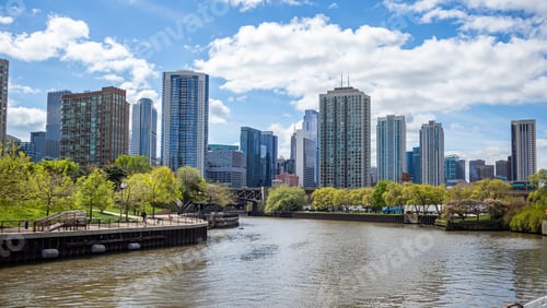 Preview: Chicago city skyscrapers on the river canal, blue sky background