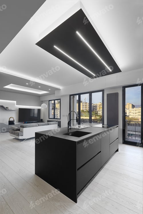 Preview: Modern Apartment Interior with Sleek Black Island