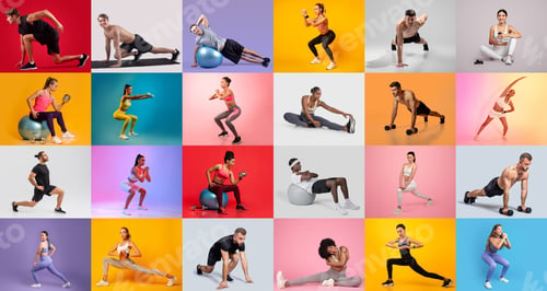Preview: Diverse group of individuals engaging in various fitness activities indoors