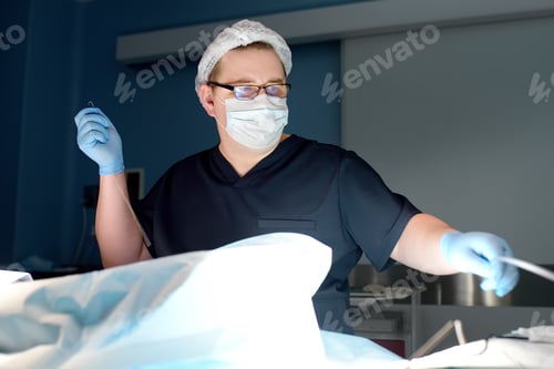 Preview: Professional vascular surgeon performs vein surgery in the operating room in clinic. Phlebectomy