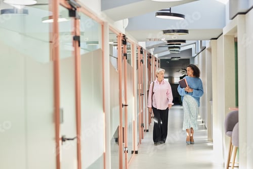 Preview: Two Smiling Female Coworkers Talking while Walking along Corridor in Office Building