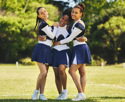 Preview: Teamwork, hug or portrait of cheerleader with women outdoor in training or sports event together. D