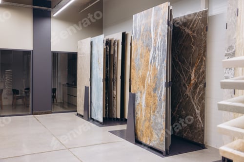 Preview: Displaying different stone slabs and tiles in a modern showroom for home renovation