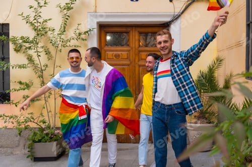 Preview: Lgbt concept, portrait of gay men friends having fun at gay pride party, diversity of young