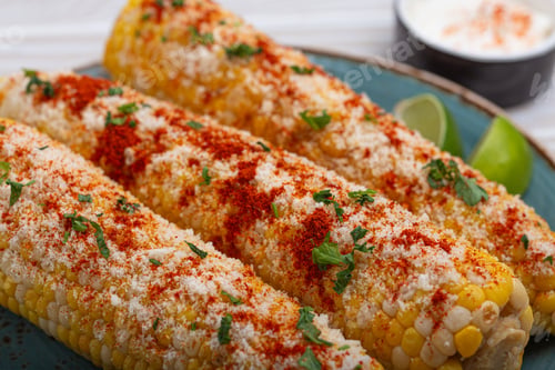 Preview: Delicious Mexican dish Elotes corn cob covered in spices and cheese