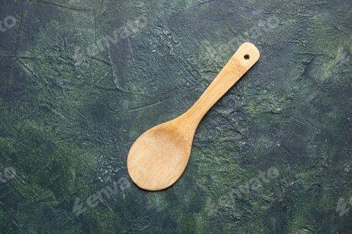 Preview: top view wooden spoon on dark background knife kitchen dinner wood food cutlery table meal colors