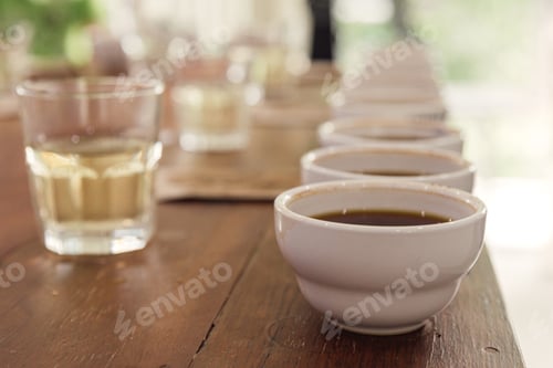 Preview: Row of coffee cups prepared for professional cupping session to evaluate aroma and flavor.