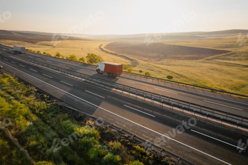 Preview: Aerial view of cargo trailer truck with copy space.