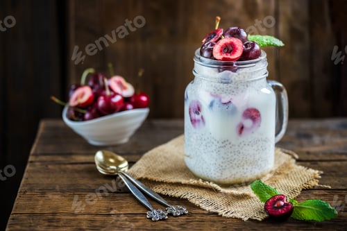 Preview: Healthy Dessert Pudding from Chia Seeds and Nut Milk with Cherri