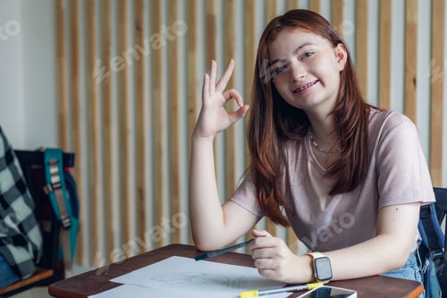 Preview: Teenage Girl Studying and Gesturing Okay Sign Indoors