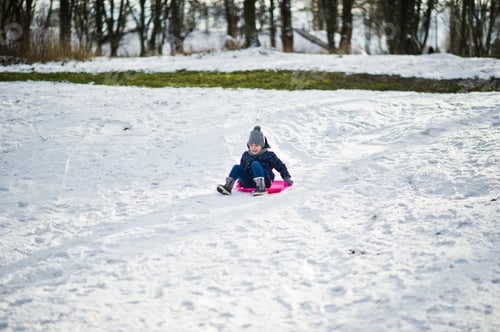 Preview: Cute little girl with saucer sleds outdoors on winter day.