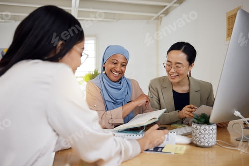 Preview: Meeting, business people and Muslim woman with team planning and data in work discussion. Office, c