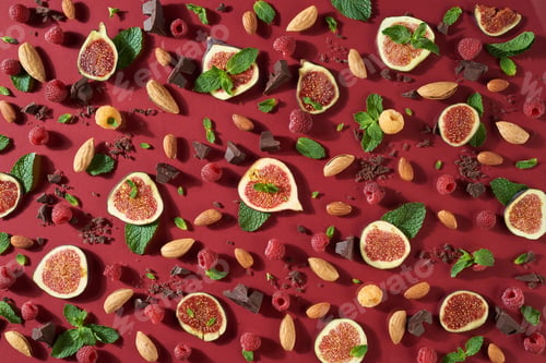 Preview: Creative sweet food composition from natural ingredients. Summer pattern with chocolate, berries