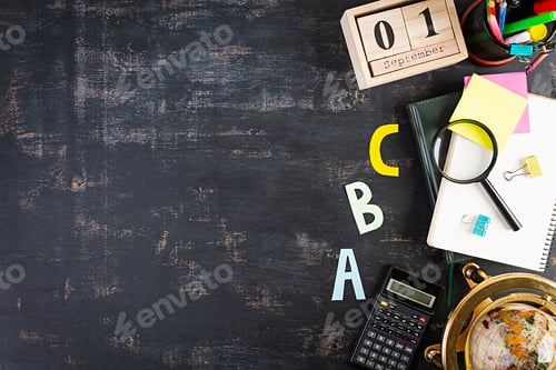 Preview: Different school supplies on dark background. Concept Back to school