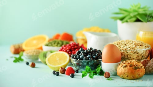 Preview: Healthy breakfast ingredients, food frame. Oat and corn flakes, eggs, nuts, fruits, berries, toast