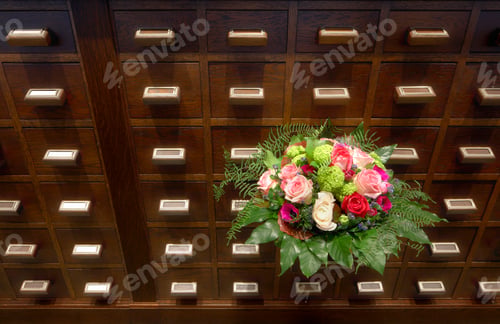 Preview: Bouquet of flowers near apothecary drawers