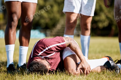 Preview: Knee pain, sports with injury and bandage on athlete outdoor, rugby and fitness with man, team and