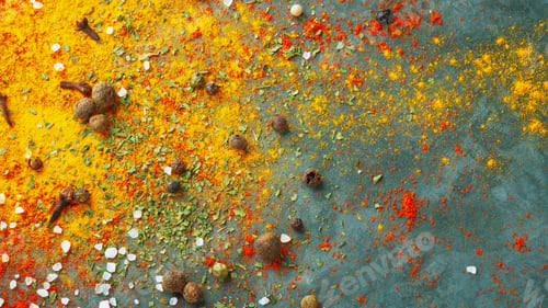 Preview: Different spices scattered on the table, red paprika powder, turmeric, salt, cloves, pepper