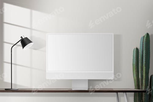 Preview: Blank computer screen on a desk in a retro home office
