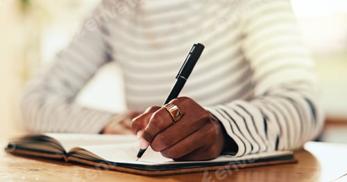 Preview: Education, writing and student with book, studying and closeup of hands in home, desk and college.