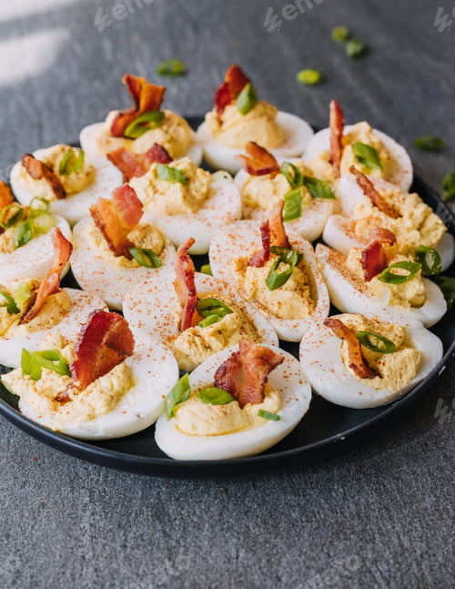 Preview: Divide eggs with bacon and green onion sprinkled with smoked paprika