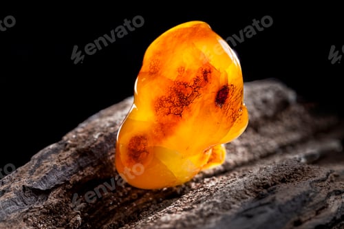 Preview: Natural amber. A piece of yellow opaque natural amber on large piece of dark stoned wood