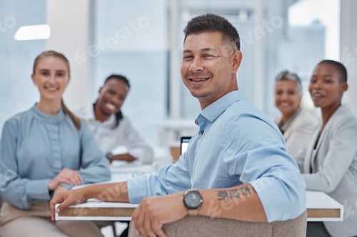 Preview: Portrait, man and business people in a meeting, planning and brainstorming with a project, company