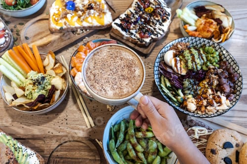 Preview: Hand holding coffee cup during healthy brunch meal