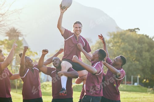Preview: Portrait, sports and rugby team celebration, cooperation and teamwork victory, challenge goals or