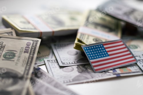 Preview: United States Flag with Stacks of US Currency