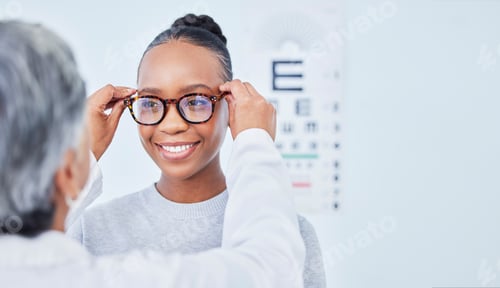 Preview: Vision, glasses choice and optometrist with black woman patient, healthcare and prescription lens w