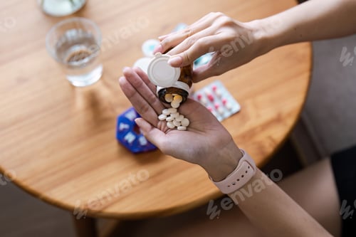 Preview: Hands Pouring Pills from a Bottle with Medication Blister Packs on Wooden Table - Healthcare and