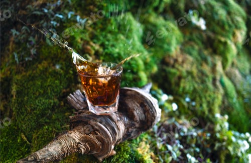 Preview: Whiskey glass on the wooden stick with nature green grass background