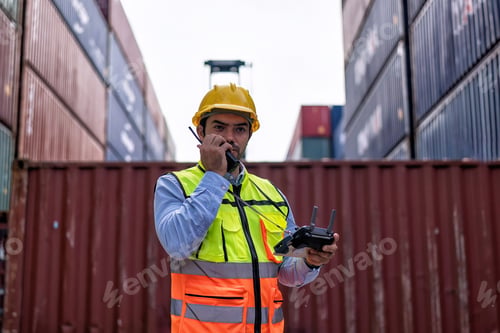 Preview: Engineer working in container storage yard fly drone looking location layout prepare to delivery