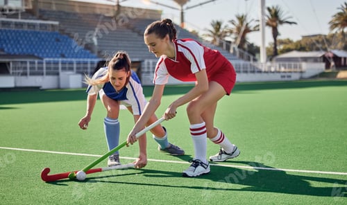 Preview: Sports fitness, field hockey game and women challenge for ball in stadium competition, club rival m