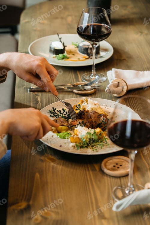 Preview: Person enjoying gourmet dinner with red wine