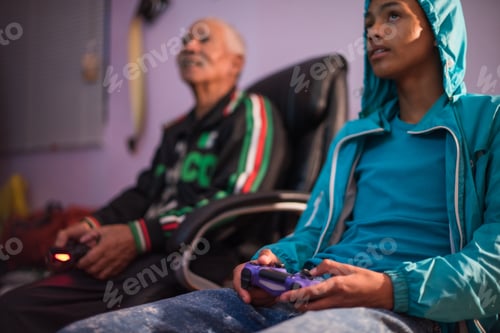 Preview: Grandfather and child playing video games