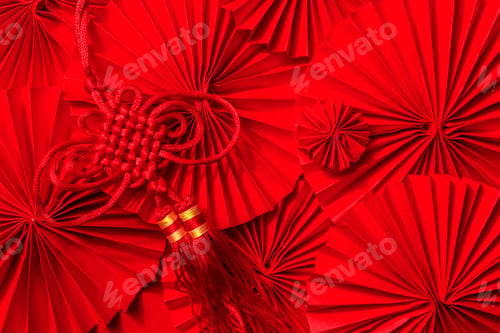 Preview: Chinese New Year .Decor pattern fan on red background. Red paper fans .Lunar New Year banner templa