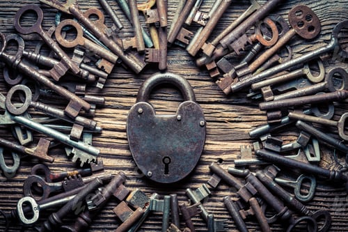 Preview: Many vintage keys and one lock as concept