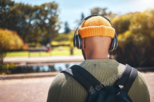 Preview: Back, music headphones and student outdoor, listening to audio or streaming sound online. Radio, po